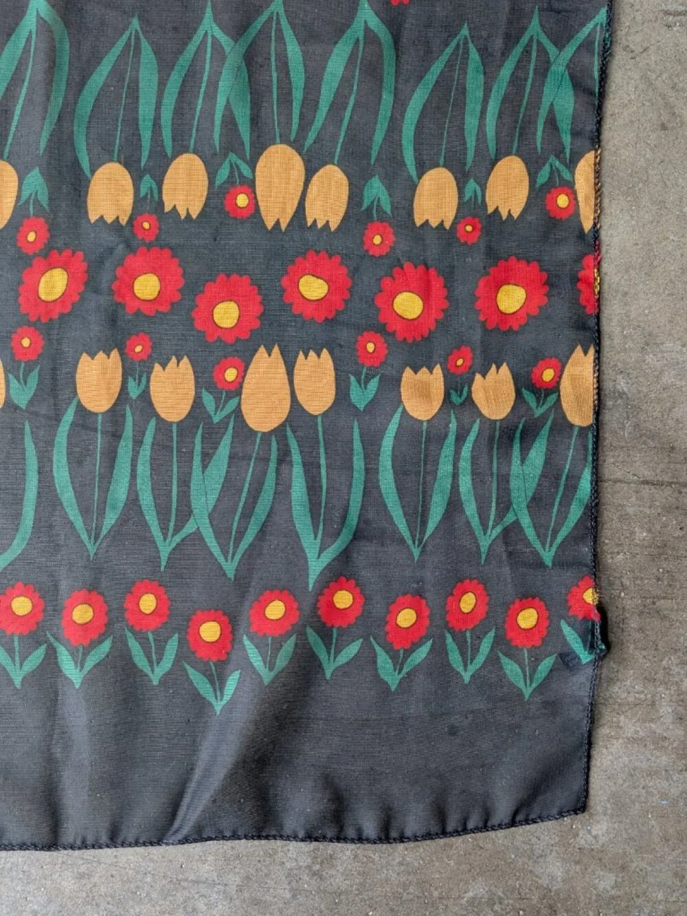 Vintage Floral Silk-Feel Polyester Sheer Black Red Yellow Green Square Scarf